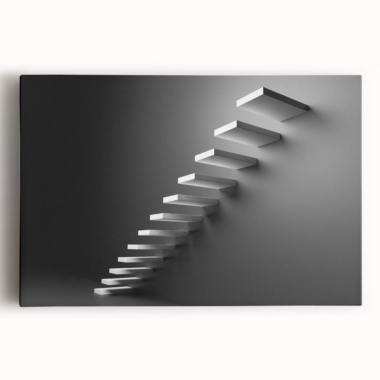 Black and white photo of a spiral staircase on stretched canvas, suitable as large kitchen wall art.