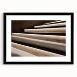 Extra large colorful abstract art print of a spiral staircase in vibrant hues on a black framed canvas.