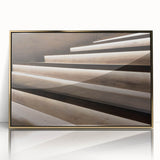 Mid-century modernist large art print of a spiral staircase in muted gold tones on a framed acrylic.