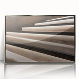 Mid-century modernist art of a spiral staircase in silver, acrylic framed, ideal for modern art wall decor.