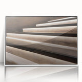 Art deco poster of a spiral staircase in black and white, framed in white acrylic, suitable for modern art wall decor.