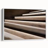 Vintage poster art of a spiral staircase in black and white on framed canvas, ideal for living room decor.