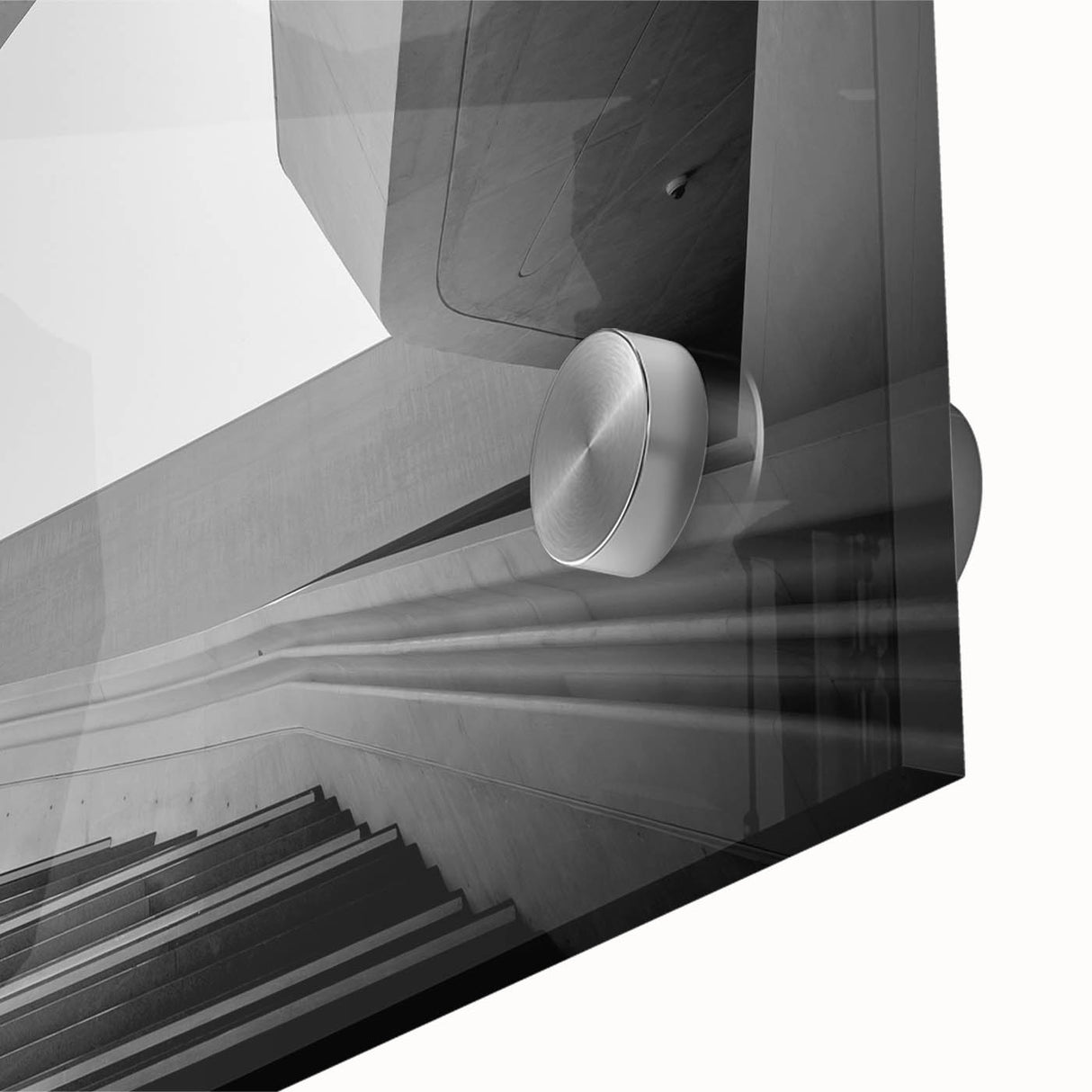 Large abstract wall art featuring a spiral staircase in muted gray tones on acrylic glass, ideal for dining room decor.