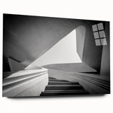 Large abstract wall art featuring a spiral staircase in grayscale tones on acrylic glass.