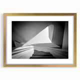 Extra large abstract art print featuring a textured staircase design in muted gray, framed in gold.