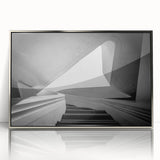 Mid-century modernist art featuring a spiral staircase in muted gray tones, framed acrylic, ideal for modern art wall decor.