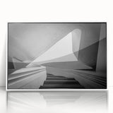 Art Deco poster featuring a spiral staircase design in black and white, framed acrylic, ideal for modern art wall decor.