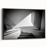 Black and white vintage poster art of a spiral staircase on framed canvas, ideal for bedroom wall decor.