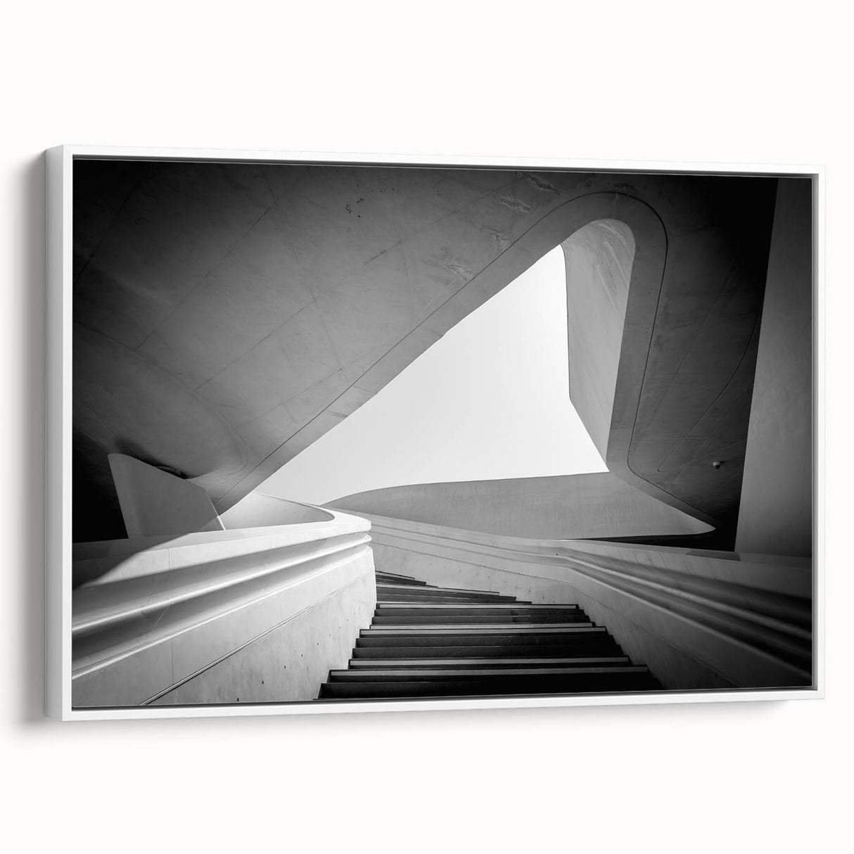 Vintage poster art of a spiral staircase in black and white, framed canvas, ideal for living room decor.