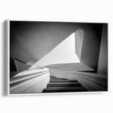 Vintage poster art of a spiral staircase in black and white, framed canvas, ideal for living room decor.