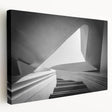 Side view of a large staircase architecture design on stretched canvas, in monochrome shades, suitable for kitchen wall art.