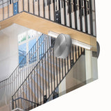 Mid-century modernist large abstract art print on acrylic, featuring spiral staircase in monochrome.