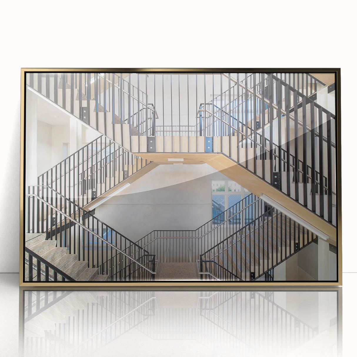 Mid-century modernist spiral staircase in gold and black tones, framed acrylic print, suitable for modern art wall decor.