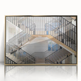 Mid-century modernist spiral staircase in gold and black tones, framed acrylic print, suitable for modern art wall decor.