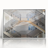 Art Deco poster of a spiral staircase in black and white, framed acrylic, ideal for modern nursery wall art.