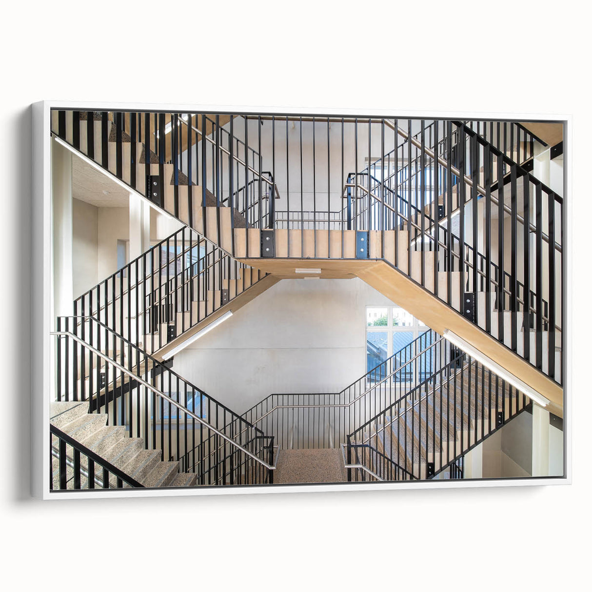 Vintage poster art of a spiral staircase in black and colorful accents on a framed canvas, ideal for living room decor.