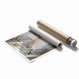 Extra large rolled print of a spiral staircase in muted gray tones, ideal for classy bathroom wall art.