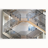 Black and white photograph of a spiral staircase on stretched canvas, suitable as large kitchen wall art.