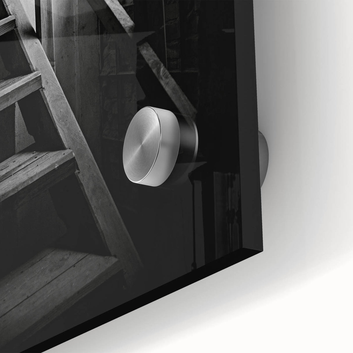 Large abstract wall art featuring a spiral staircase in muted gray tones on acrylic glass, ideal for dining room ambiance.