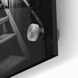 Large abstract wall art featuring a spiral staircase in muted gray tones on acrylic glass, ideal for dining room ambiance.