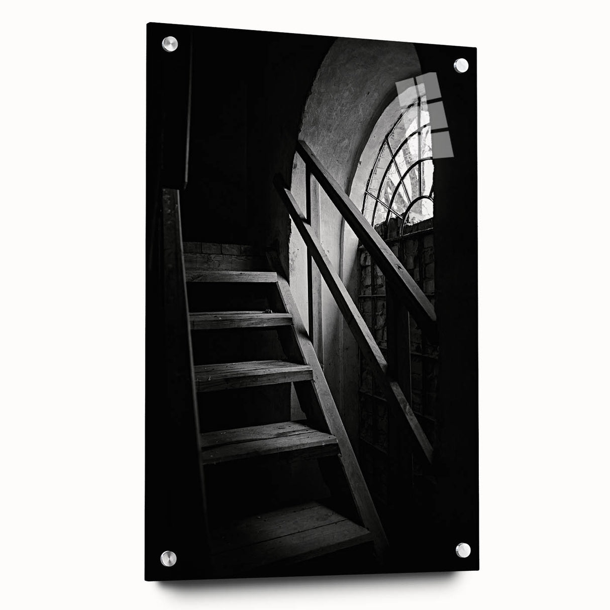 Large abstract wall art of a spiral staircase in monochrome shades, acrylic print, suitable for bedroom or dining room decor.