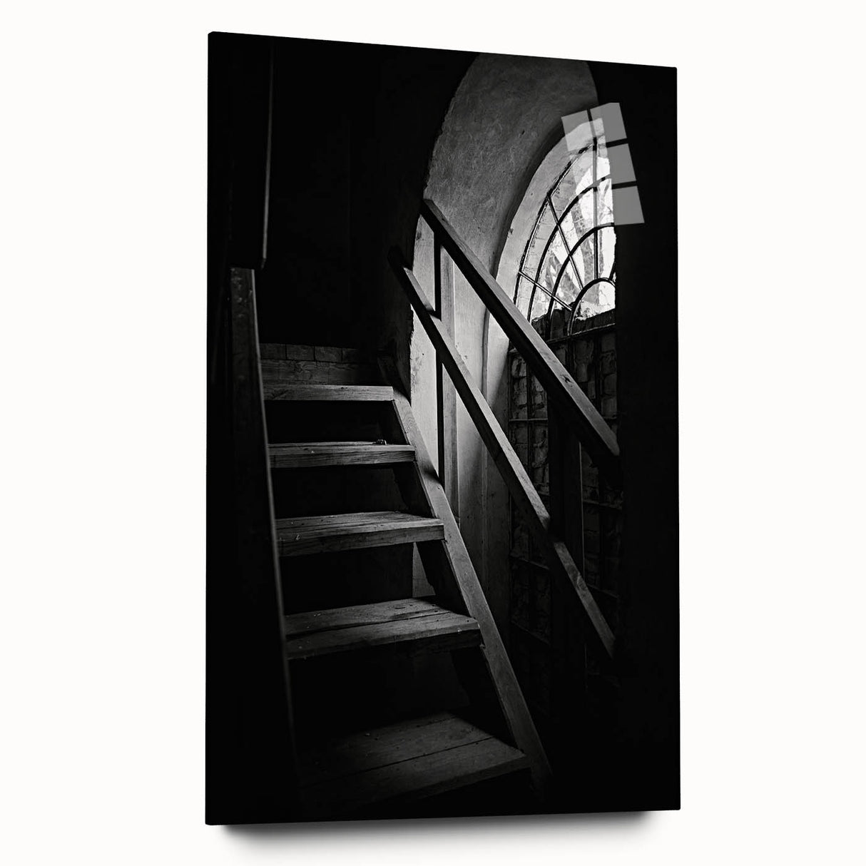 Acrylic print of a large abstract staircase design in monochrome shades, suitable for bedroom or dining room art.
