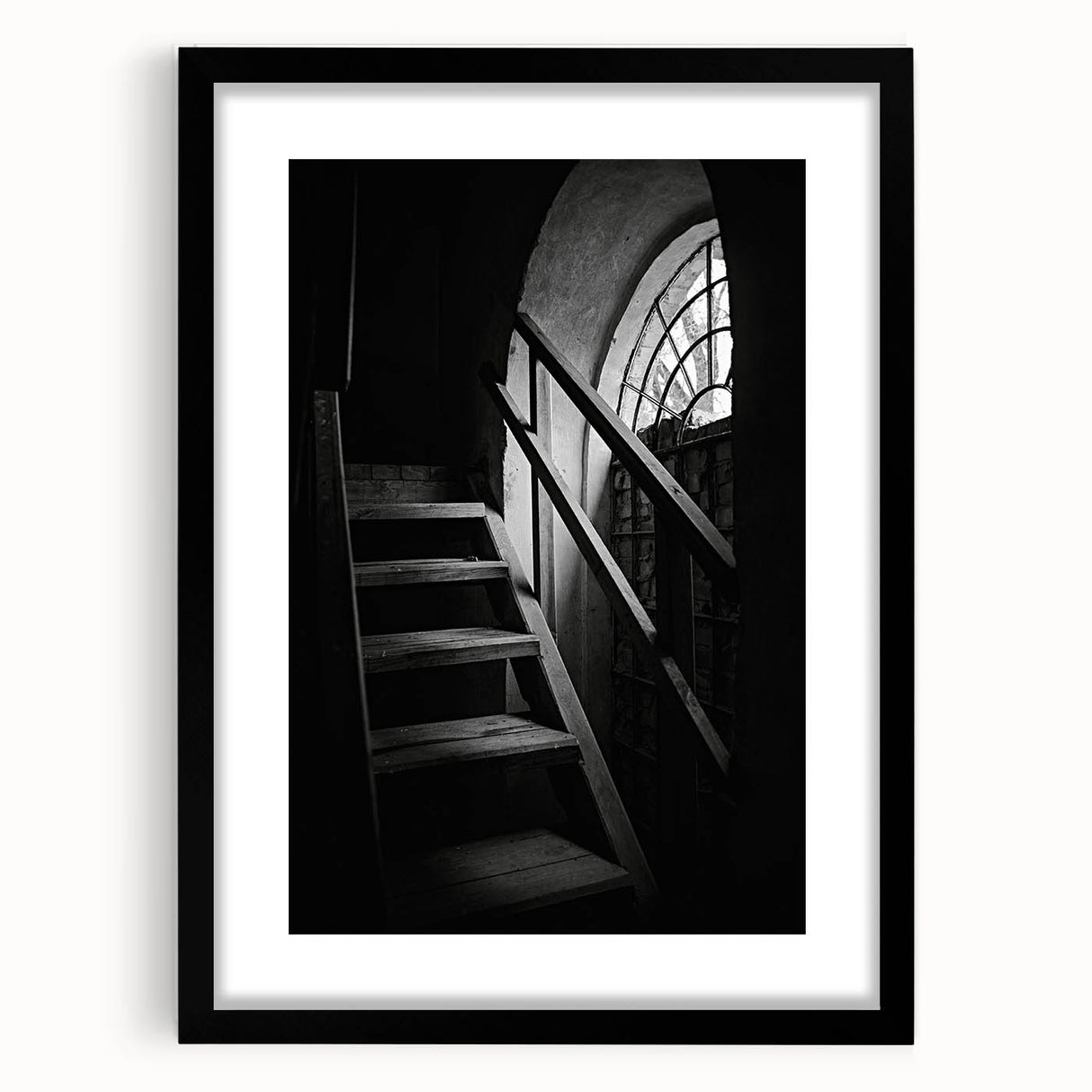 Extra large abstract art print featuring a colorful, textured depiction of a spiral staircase on a framed black mat.
