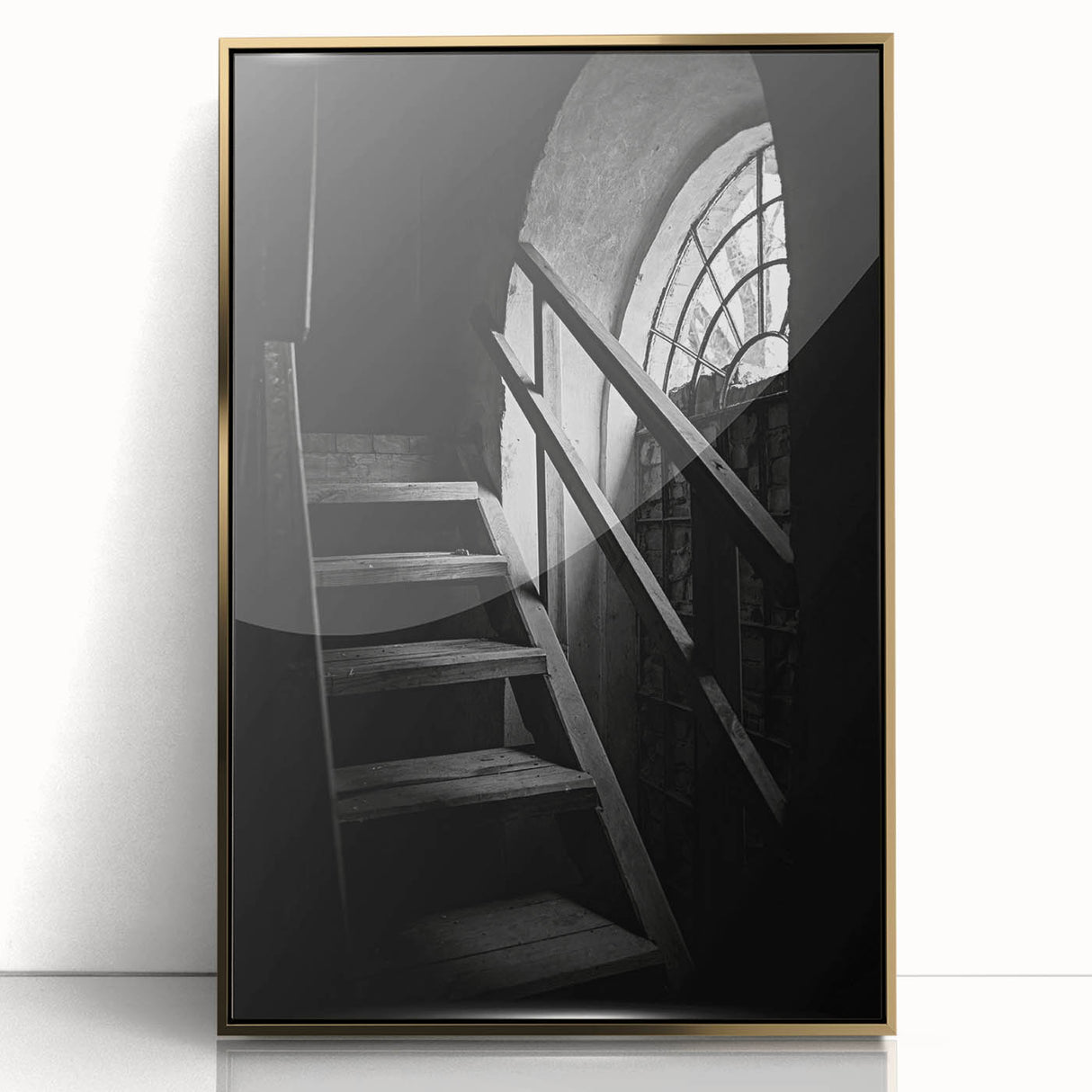 Mid-century modernist spiral staircase in black and gold tones on a framed acrylic, ideal for modern art wall decor.