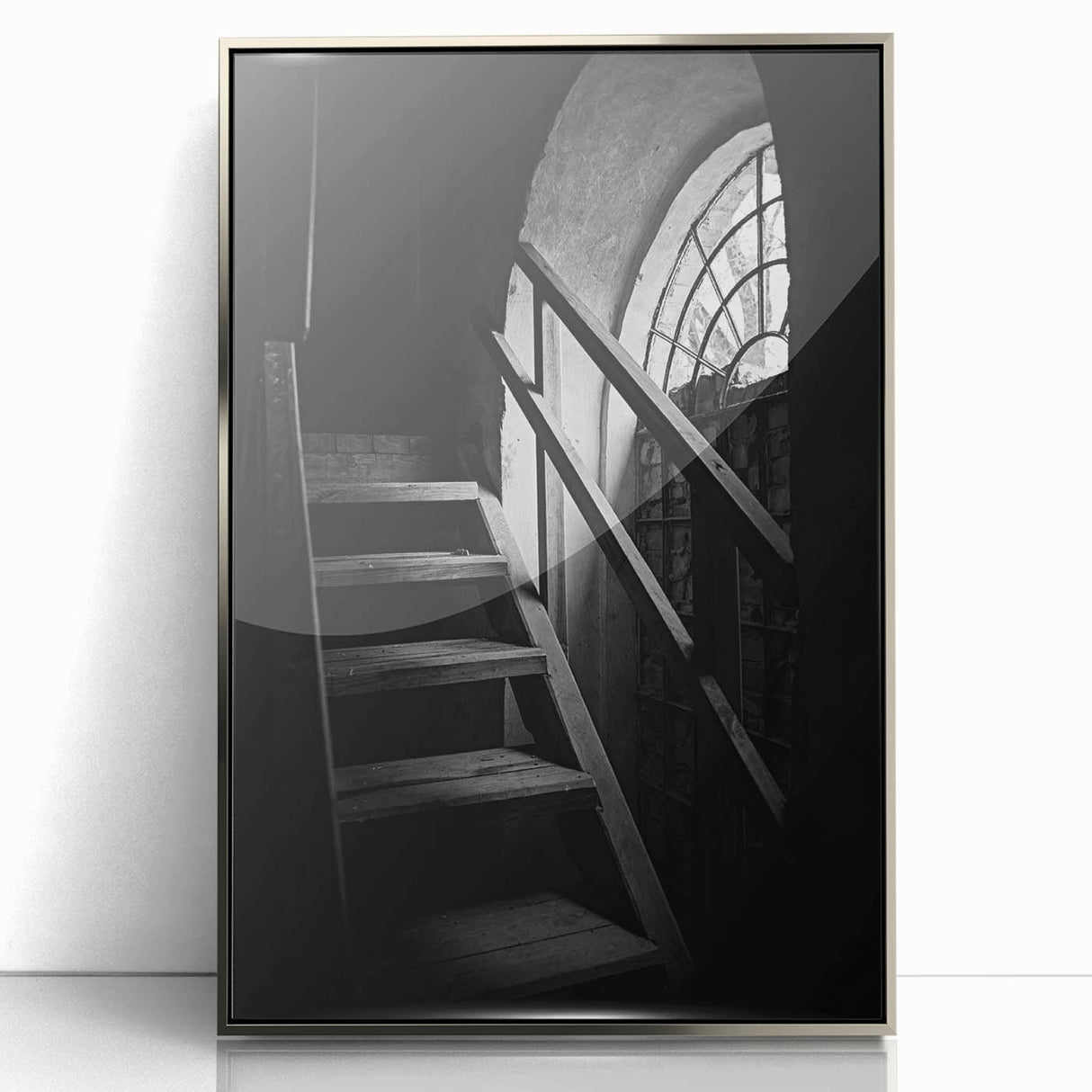 Mid-century modernist art featuring a spiral staircase in muted tones on a framed acrylic.