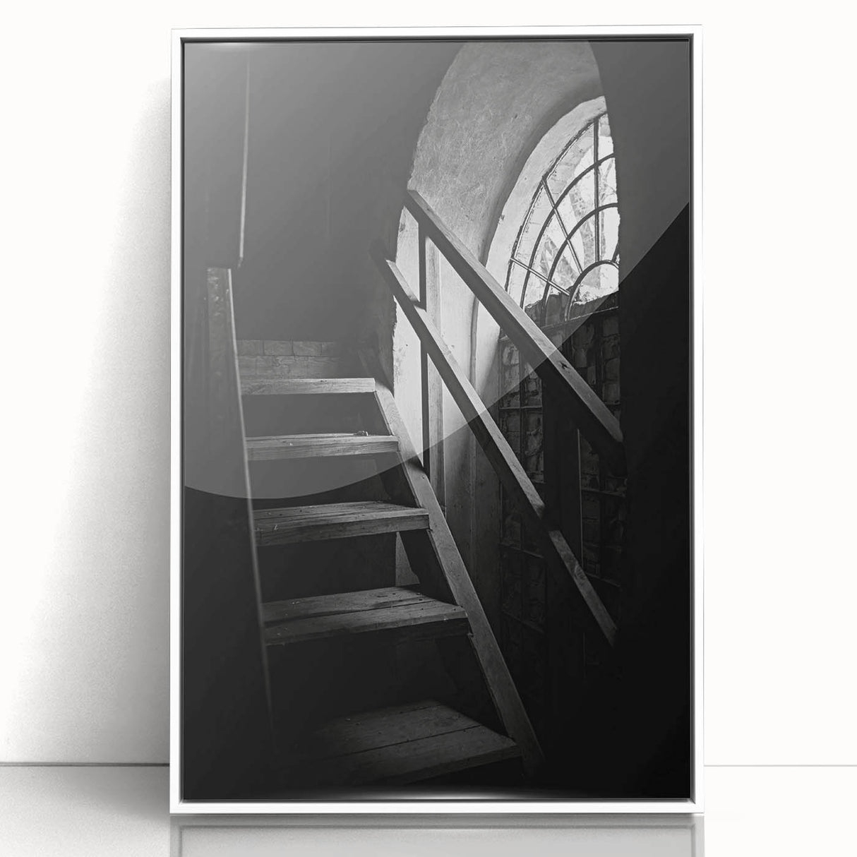 Art deco poster of a geometric staircase in black and white, acrylic framed, suitable for modern art wall decor.