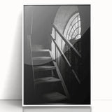 Art deco poster of a geometric staircase in black and white, acrylic framed, suitable for modern art wall decor.