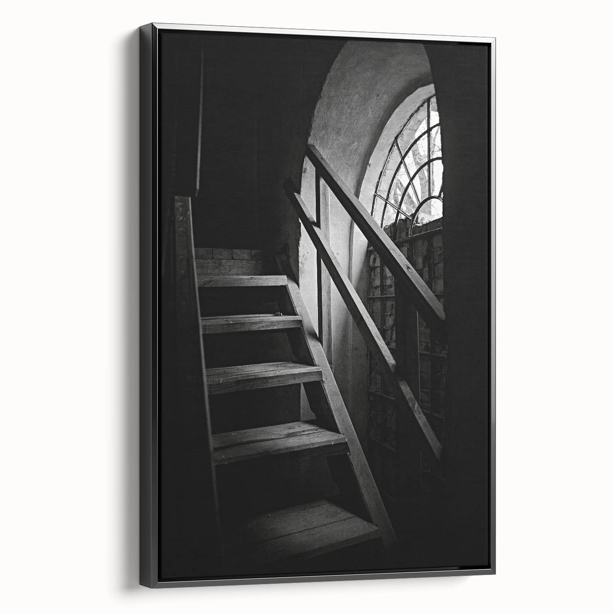 Black and white framed canvas featuring a spiral staircase design, ideal for bedroom wall decor.