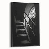 Black and white framed canvas featuring a spiral staircase design, ideal for bedroom wall decor.