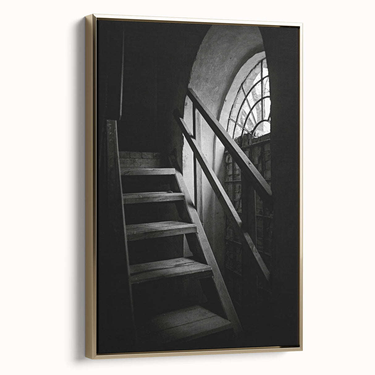 Framed canvas featuring a vintage poster-style staircase design in black, ideal for bedroom wall art.