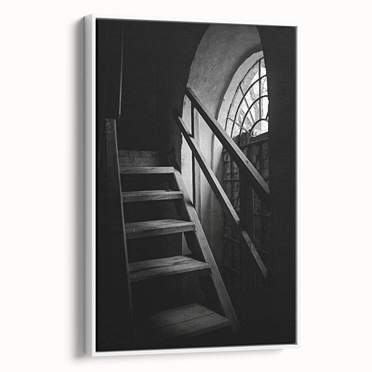 Vintage poster art of a spiral staircase in black and white on framed canvas, suited for extra large wall art in living room.