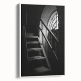 Vintage poster art of a spiral staircase in black and white on framed canvas, suited for extra large wall art in living room.