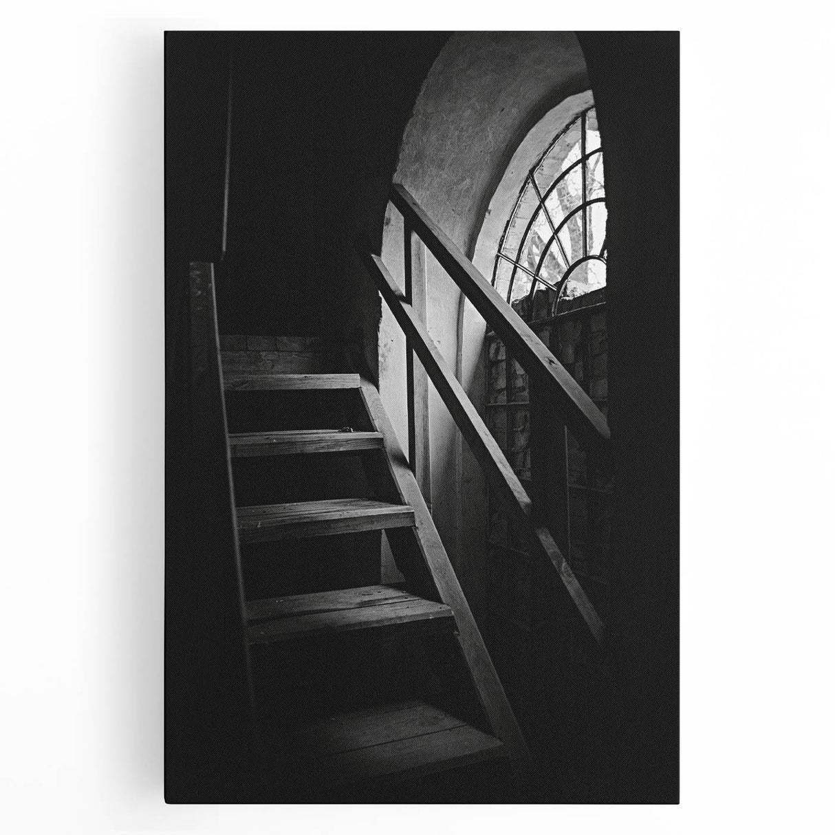 Black and white photo of a spiral staircase on stretched canvas, suitable for kitchen wall art.