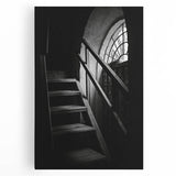 Black and white photo of a spiral staircase on stretched canvas, suitable for kitchen wall art.