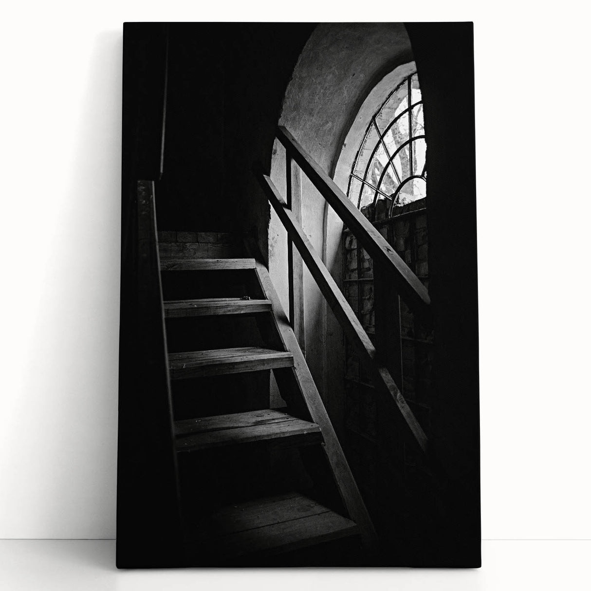 Black and white photo of a spiral staircase on large stretched canvas, suitable as kitchen wall art or bedroom decor.