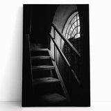 Black and white photo of a spiral staircase on large stretched canvas, suitable as kitchen wall art or bedroom decor.