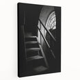 Spiral staircase in monochrome, large stretched canvas, suited for kitchen wall art.