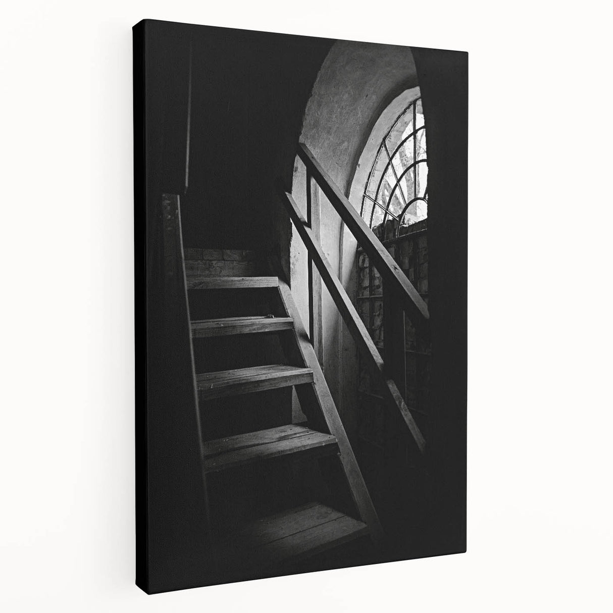 Spiral staircase in monochrome, large stretched canvas, suited for kitchen wall art.