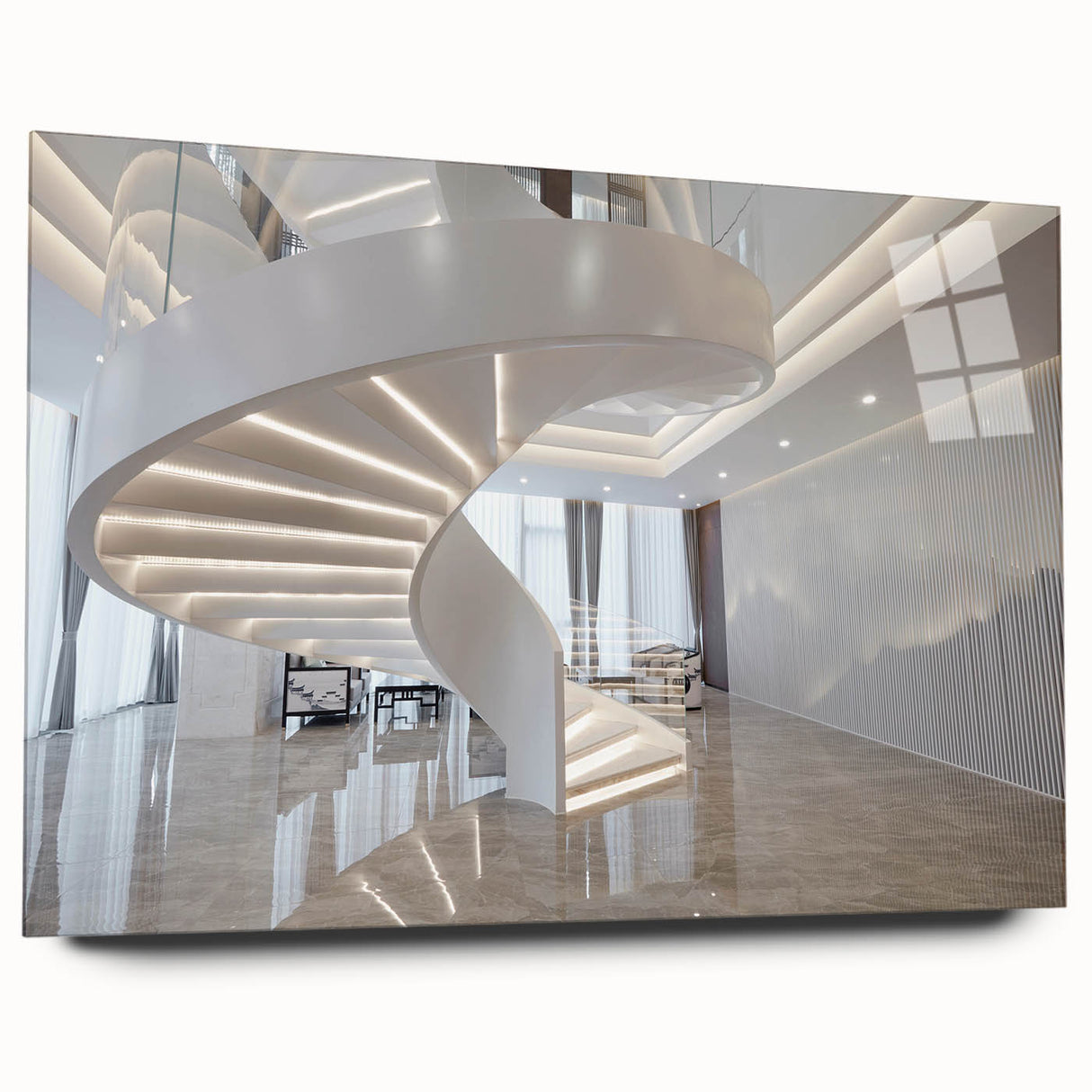 Large abstract wall art featuring a spiral staircase in muted gray tones, printed on acrylic glass.