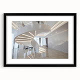Extra large abstract art print featuring a colorful, textured depiction of a spiral staircase, framed with a black mat.