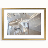 Extra large abstract art print featuring a textured staircase design in gold tones, framed with a mat.