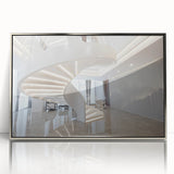 Mid-century modernist art of a spiral staircase in silver tones on a framed acrylic, suitable for modern art wall decor.