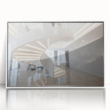 Art Deco poster of a spiral staircase in black and white hues, framed acrylic, suitable for modern art wall decor.