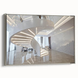 Framed canvas of a black and silver staircase in a minimalist style, ideal for office or study room decor.