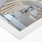 Art Deco poster featuring a spiral staircase in monochrome shades, printed on rolled canvas.