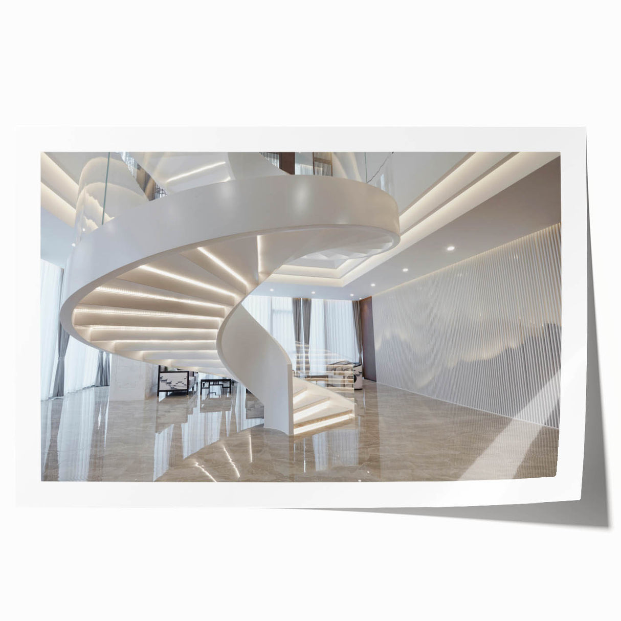 Spiral staircase design in muted gray tones on a large rolled canvas, suitable for art wall dining room.